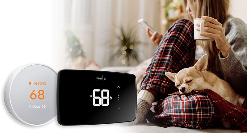 Woman sipping coffee cozy in her smart thermostat-controlled home